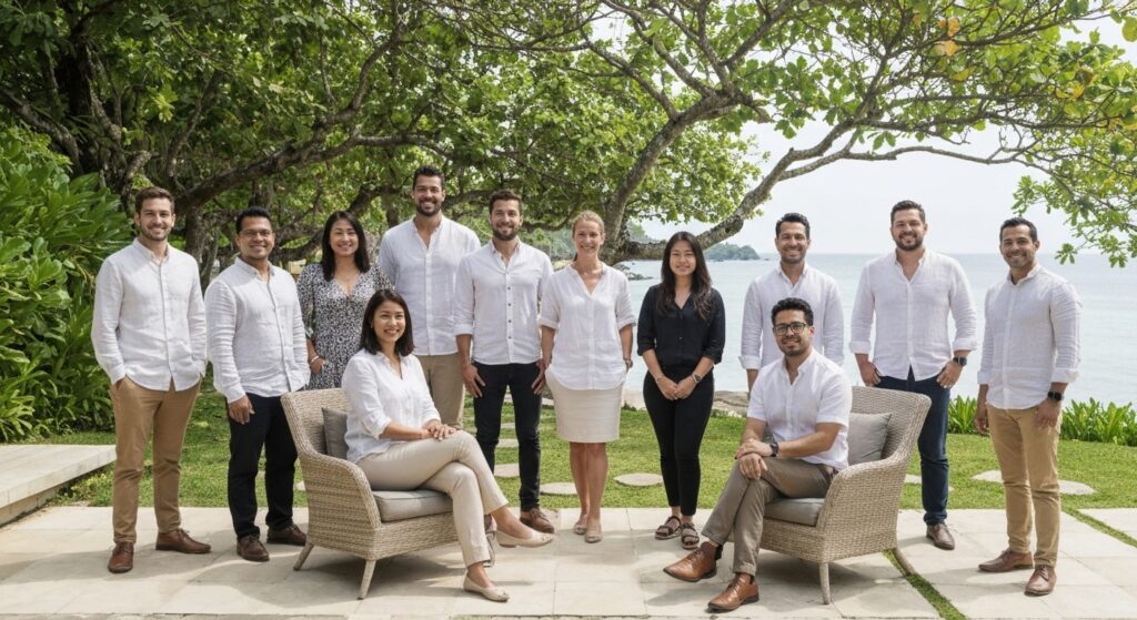 Professional team photo of diverse consultants in smart casual attire at Bali beachfront office