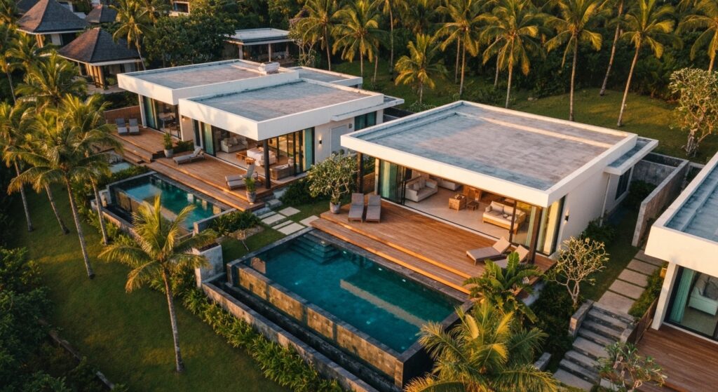 Aerial drone photography of luxury villa development in Bali with swimming pool