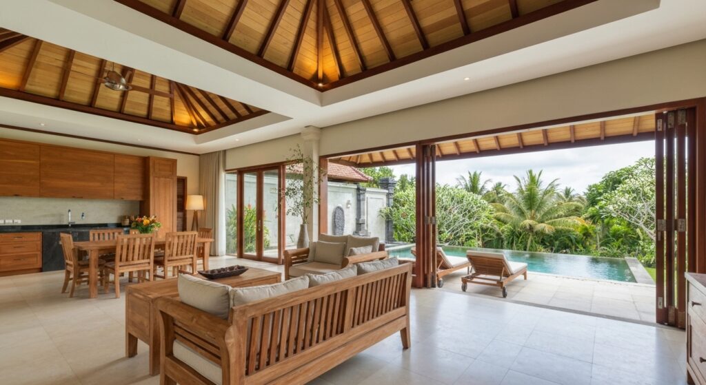 Interior design photography of premium Bali villa living room with open-air concept