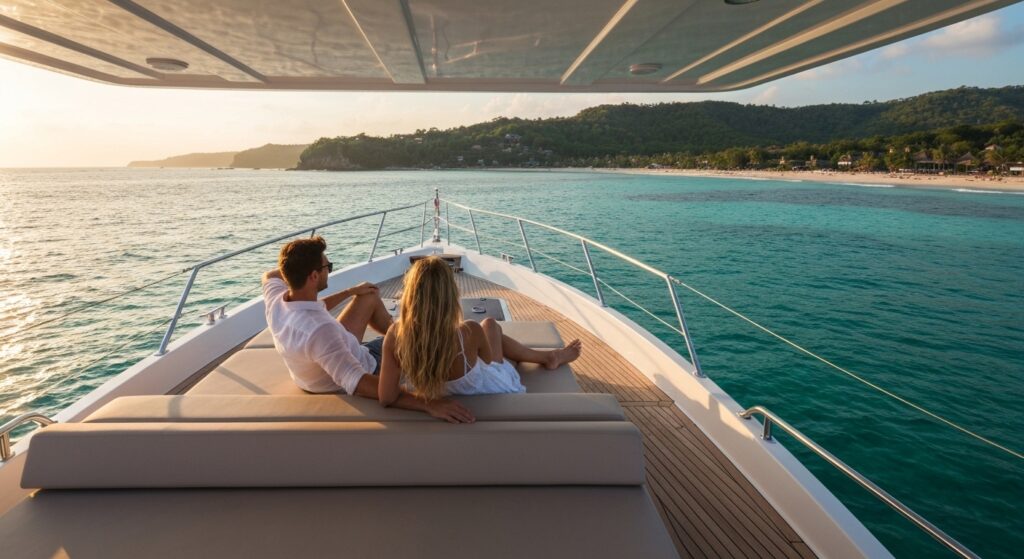 Luxury Bali travel experience - couple on private yacht overlooking turquoise ocean with Bali coastline