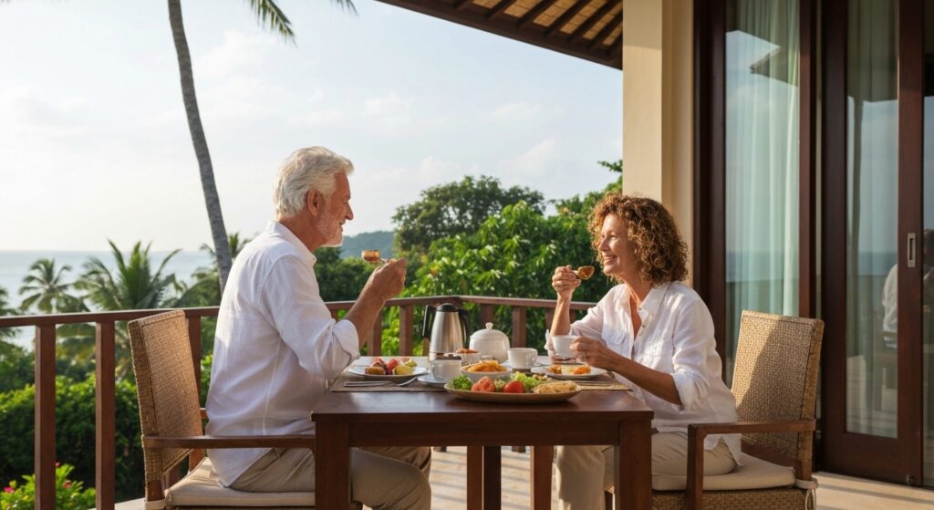 Retired couple enjoying breakfast at luxury Bali villa terrace overlooking ocean