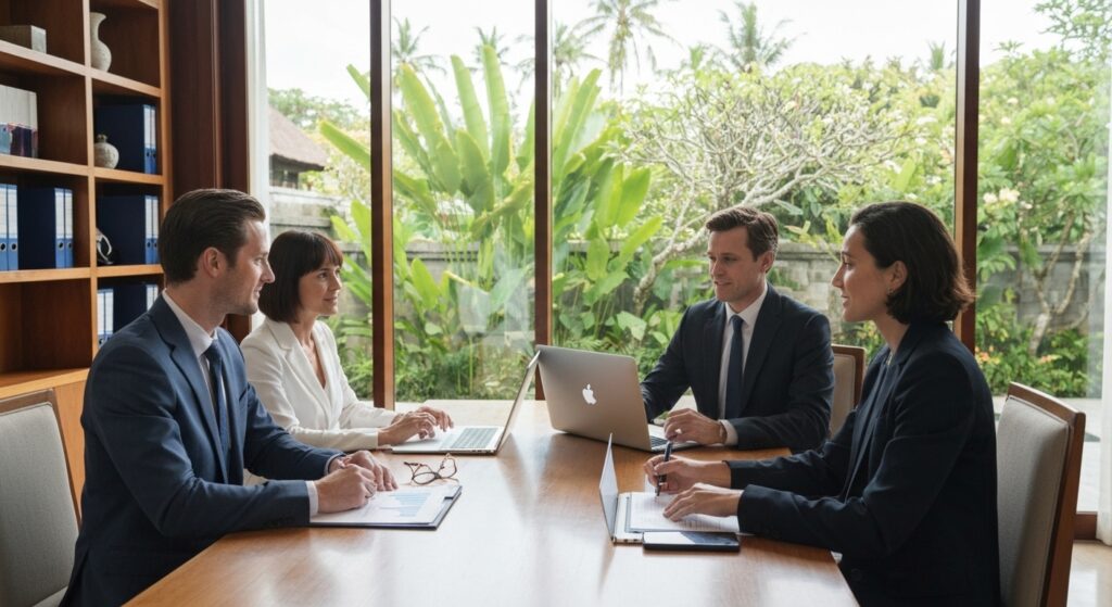Professional business meeting in modern Bali office with tropical garden view