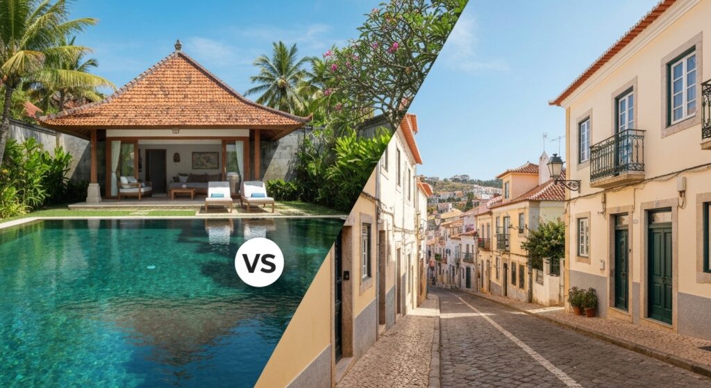 Comparison of Bali tropical villa lifestyle and Portugal coastal town living