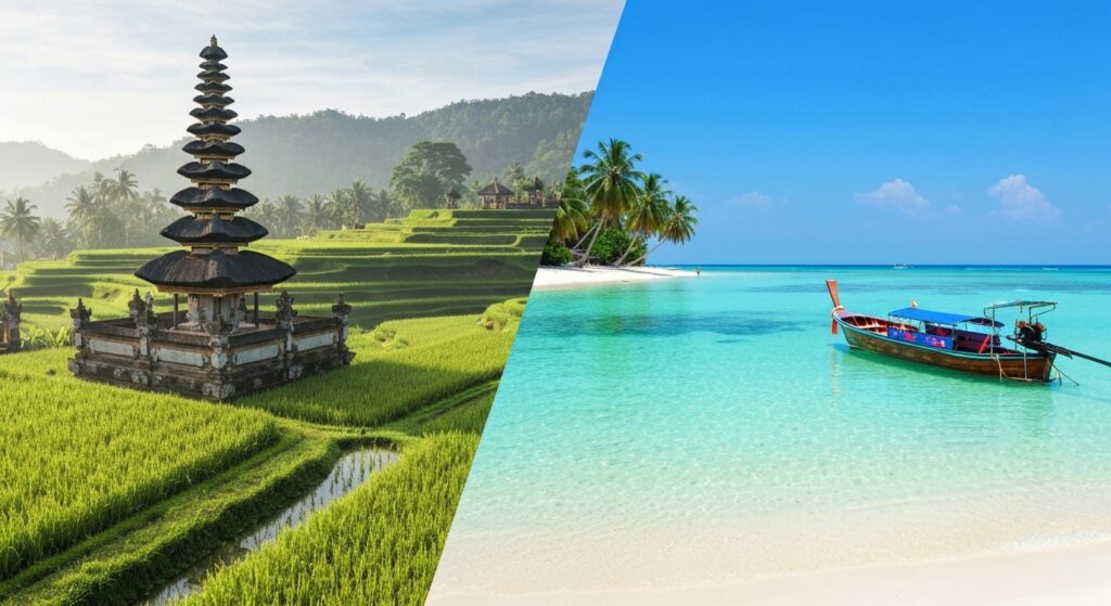Side by side tropical paradise comparison - Bali temple with rice fields on left