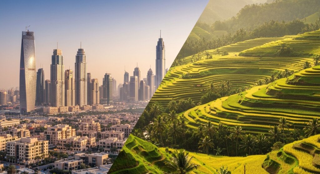 Split composition showing Dubai skyline on left transitioning to Bali rice terraces on right