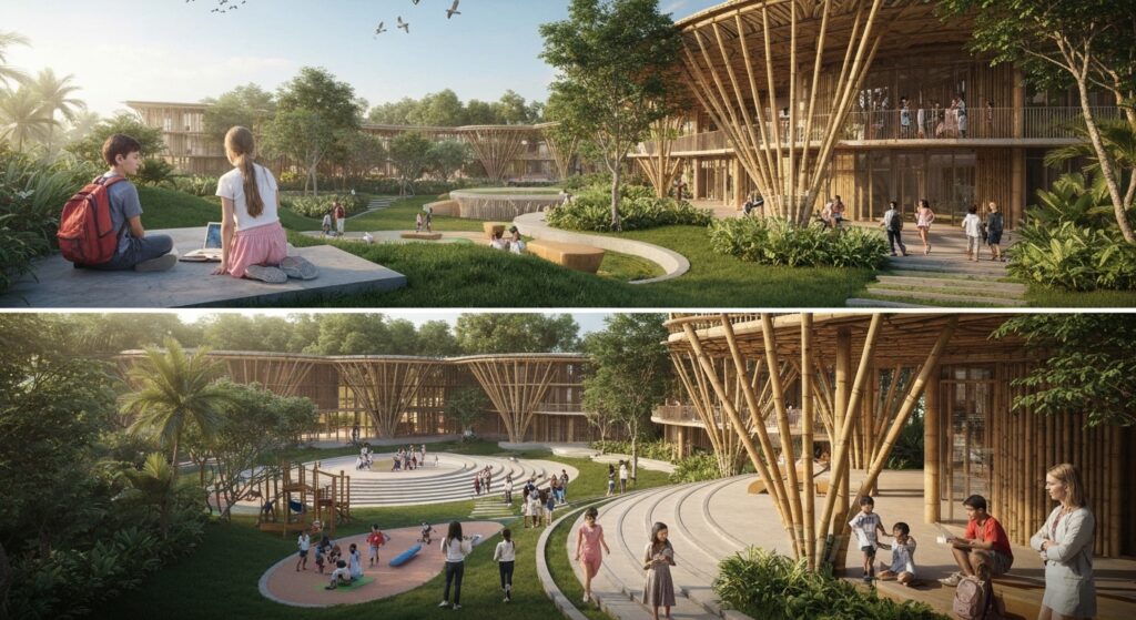 Modern international school campus in Bali with diverse students in green tropical setting