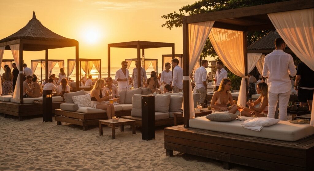 Bali sunset beach club scene with stylish international crowd