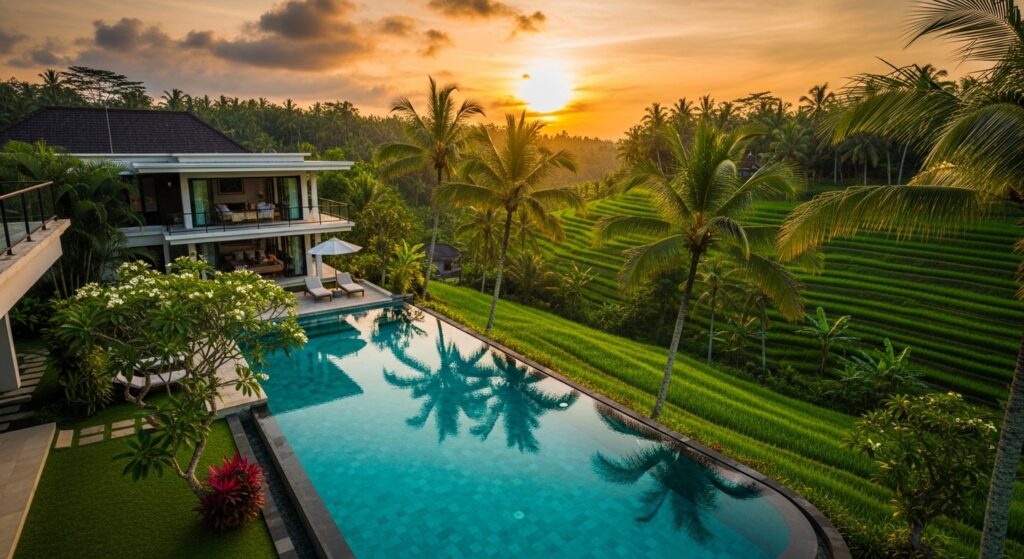 Luxury Bali villa with infinity pool overlooking rice terraces at sunset - Dubai Alternatives